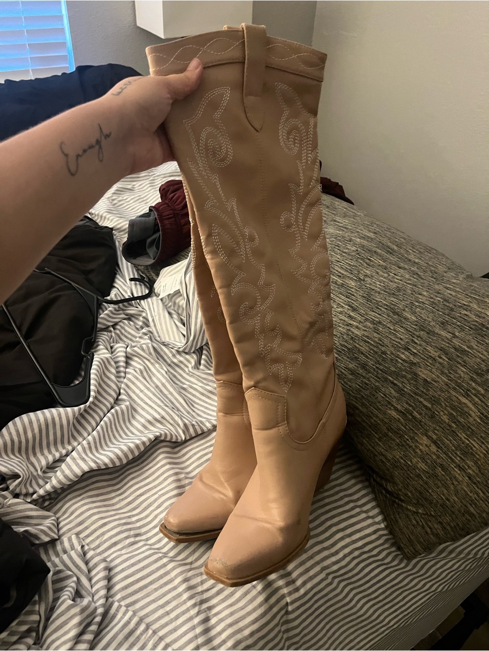 Beige Knee-High Western Boots - Women's Fashion Knee Boots